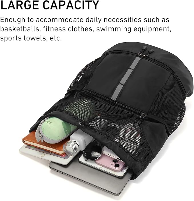 Valleycomfy Drawstring Gym Bag Sports Backpack With Shoe Compartment and Reflective Strips Black