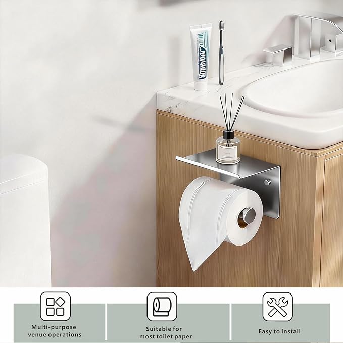 Toilet Paper Holder with Shelf, Heavy-Duty Stainless Steel Bathroom Hardware, Self-Adhesive No-Drill/Drill-Mount Wall-Mounted Roll Holder, Rust-Proof Bathroom Tissue Rack(Brushed Nickel)