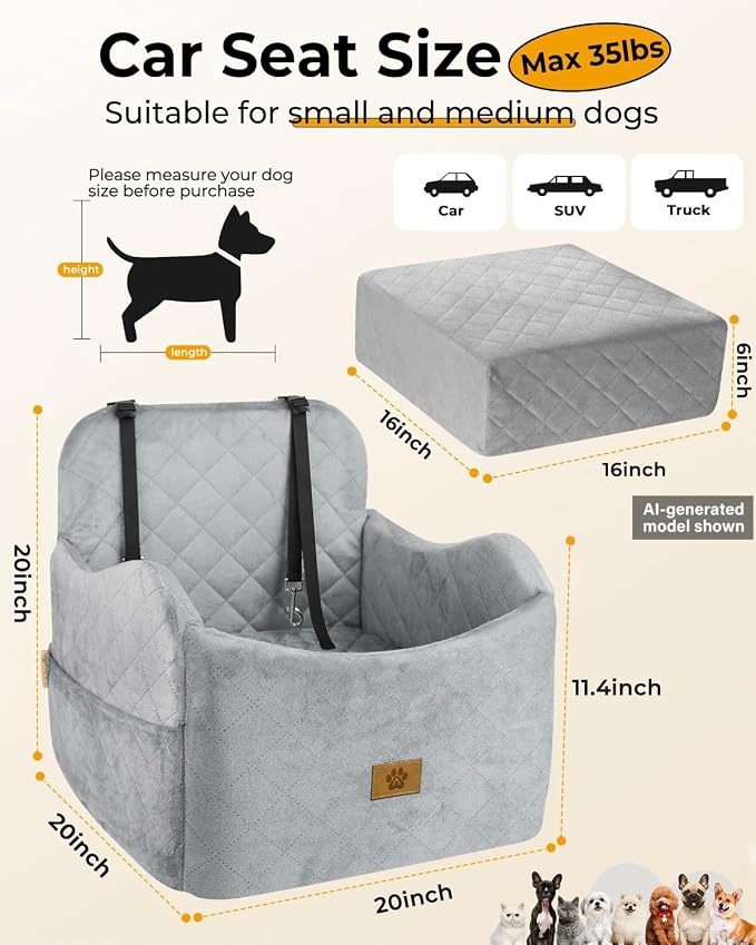 Dog Car Seat for Small/Medium Dogs, Detachable Washable Dog Booster Car Seat Under 35lbs, High-Support Memory Foam,Travel Bed with Storage Pockets