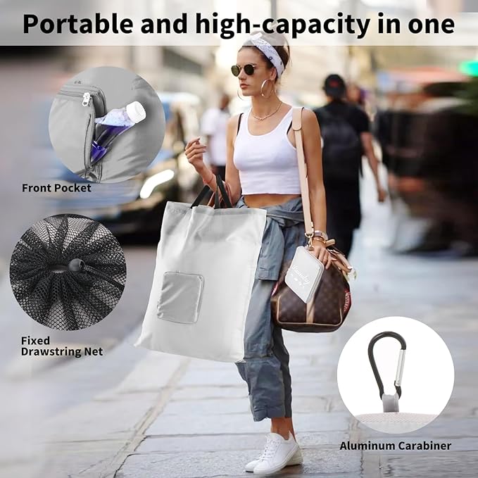 Travel Laundry Bag, JHX Foldable Dirty Clothes Bags 【Upgraded】 with Fixed Drawstring Net, Handles and Carabiner, Portable Laundry Bags for Travel, Fitness, and Students (1Pcs Grey) 30"H x 21"W