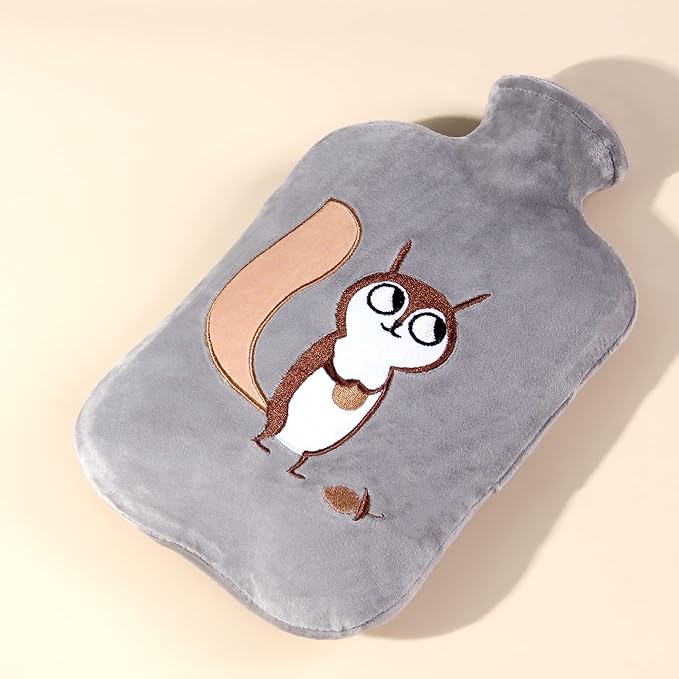 samply Hot Water Bottle with Cute Fleece Cover, 2L Hot Water Bag for Hot and Cold Compress, Hand Feet Warmer, Neck and Shoulder Pain Relief, Gray Squirrel