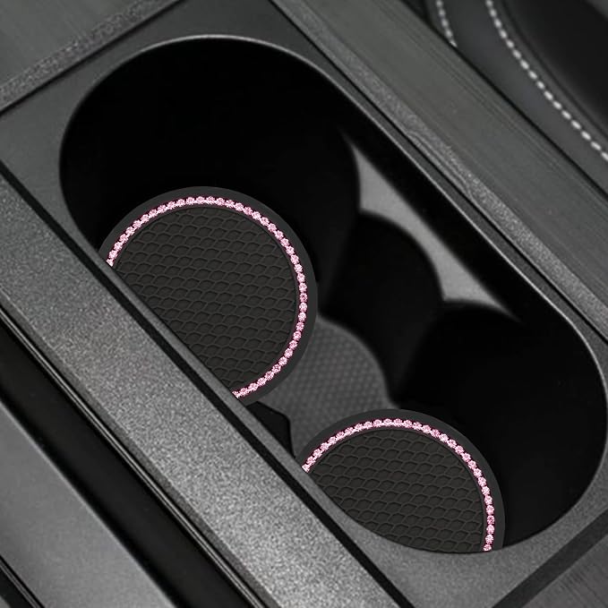 Yousheng 2PCS Bling Car Cup Coaster, Universal Holder Insert Rhinestone Anti Slip Silicone Accessories Suitable for Most Interior, Best Gift Women, Black and Pink