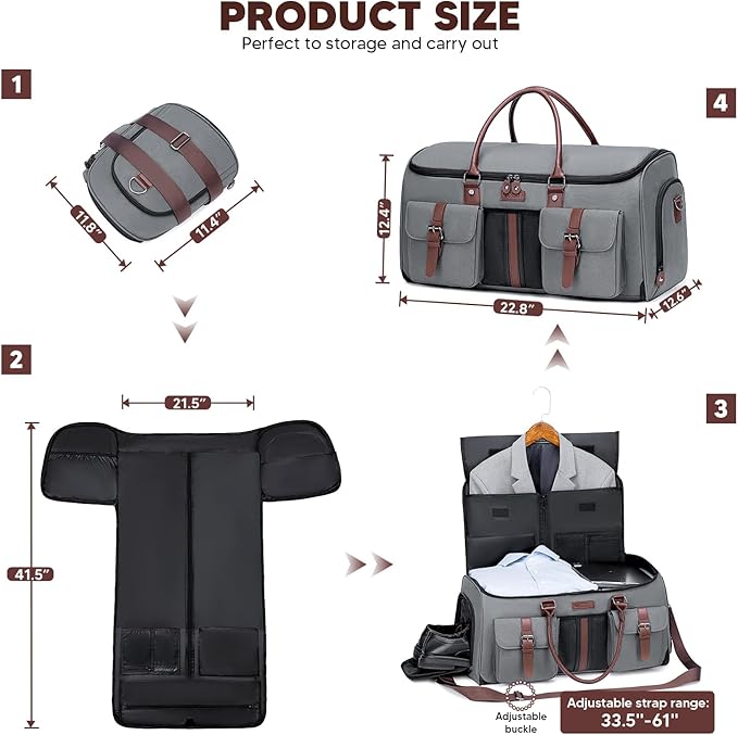 Carry on Garment Bag,Vessgra 2 in 1 Duffle Bag for Travel 58L Garment Bags for Travel Scratch-Resistant Oxford Duffel Bag for Men with Inner Dry/Wet Compartment, Bussiness Weekender Trip,Grey