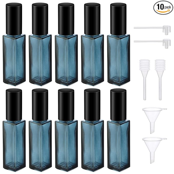 Segbeauty Refillable Perfume Bottles, Set of 10 Glass Mini Perfume Atomizer with Lid, 10ML Travel Small Toiletries Sample Bottle Fine Mist Sprayer, Square Pump Dispensing Containers Perfume Making Kit