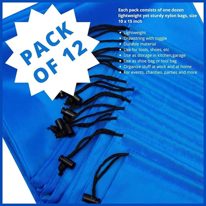 PALTERWEAR Drawstring Pouch with Toggle (10 x 15 Inch, 12 Pack, Blue) Nylon Cinch Bag for Travel, Gym and Storage