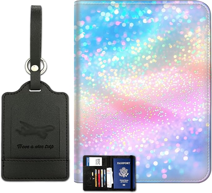 Passport Wallet, Passport Holder with RFID Blocking and Luggage Tag, Waterproof PU Leather Travel Documents Organizer Case, Passport Covers with Card Slot for Women Men,Colorful Glitter Passport Book