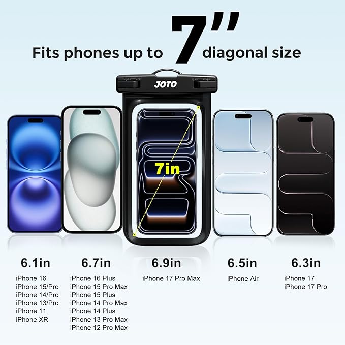 JOTO 2 Pack Waterproof Phone Pouch Case Up to 7", IPX8 Underwater Phone Case Cellphone Dry Bag for iPhone 17/Air 16 15 14 13 12 Pro Max Xs Max XR X 8 7 6S Plus SE/Galaxy S24 S23 S22 - Black & Pink