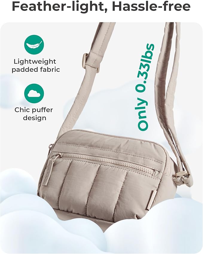 BAGSMART Cross Body Purse, Mini Crossbody Bags for Women Travel Purse, Puffy Shoulder Handbag Wallet with RFID Blocking Slots, Light Gray-small