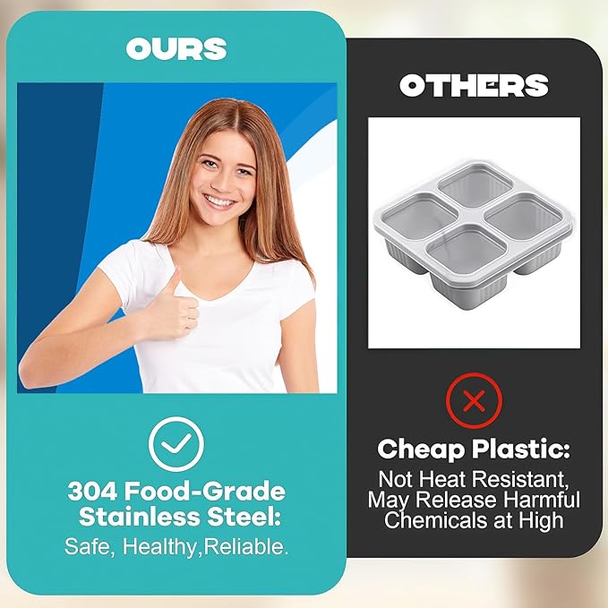 4Pcs 304 Stainless Steel Snack Containers, 2 Compartments Portable Food Storage Bento Boxes with Lids, Divided Meal Prep Lunch Box Food Container Dishwasher Safe