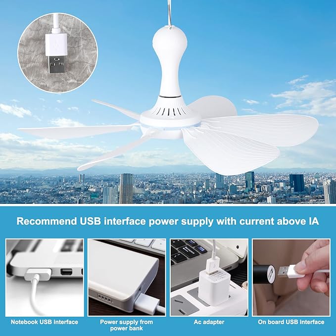 Xindejia USB Powered Small Ceiling Fan 6 Blades Quiet DC 5V USB Hanging Fans for Indoor Outdoor RV Bed Room Dorm Desk Travel Camping Tent Cubicle Mini Portable Canopy Fans - White