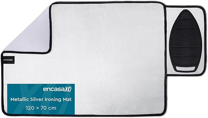 Encasa XO Ironing Mat/Pad - Metallic Silver (Small 28"x20") with 5mm Foam Padding & Silicone Iron Rest for Steam Pressing on Tabletop or Bed - Heat Reflective, Portable, Quilting