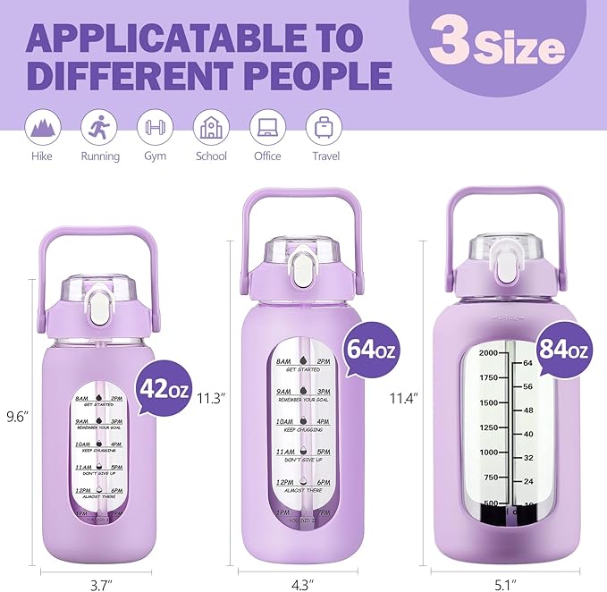 84oz Glass Water Bottle with Straw, 2.5 Liter Large Water Bottle with Silicone Sleeve and OZ Marker, Wide Mouth Gallon Glass Bottle with 2-in-1 Lid, Leakproof Water Jug for Gym Home, Purple