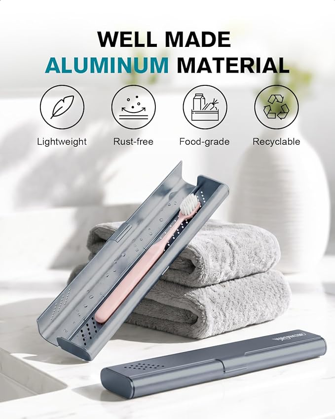 Toothbrush Case Cover for Traveling, Aluminum Toothbrush Holder for Manual Toothbrush + Mini Toothpaste, Portable Tooth Brush Storage Box for Camping Business Trip-Grey (1 Pack)