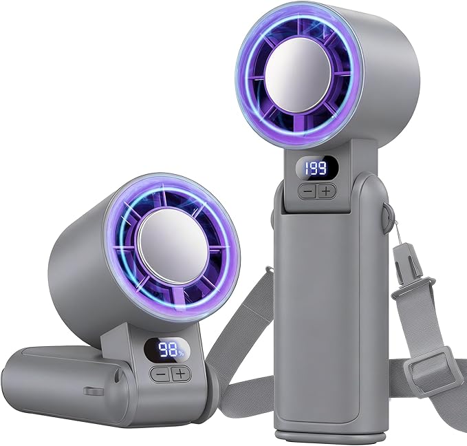 Portable Handheld Turbo Fan, 1-199 Speed Adjustable with LED Display, High-Power Motor, Rechargeable Battery, 4 IN 1 Pocket Design Mini Fans for Indoor/Outdoor/Travel/Work, Grey Purple