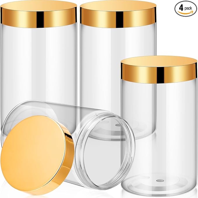 Patelai 4 Pieces Round Wide-mouth Leak Proof Plastic Container Jars with Lids for Travel Storage Makeup Beauty Products Face Creams Oils Salves Ointments DIY Making(12 Ounce,Gold)