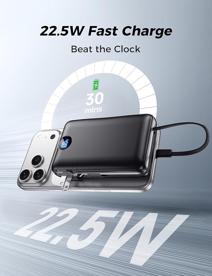 Portable Charger Power Bank 50000mAh Larger Capacity, Built-in Wall Plug USB-C & iOS Cables, 22.5W Fast Charging Battery Pack with LED Display, Travel Essential for Camping, iPhone, Samsung Black