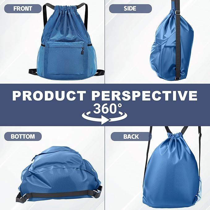 Tygelluis Drawstring Backpack, Waterproof Gym Bag with Water Bottle Pocket for Women Men, Pull String Sport Bag for Swim, Soccer and Basketball,Blue