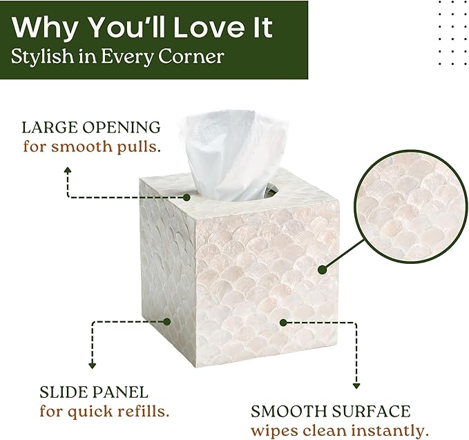 CHI AN HOME 5.5” Capiz Tissue Box Cover, Square Decorative Tissue Holder with Bottom Slider, Handmade Bathroom Accessories, Elegant White Cube for Vanity, Bedroom, Office & Coastal Décor (Natural)