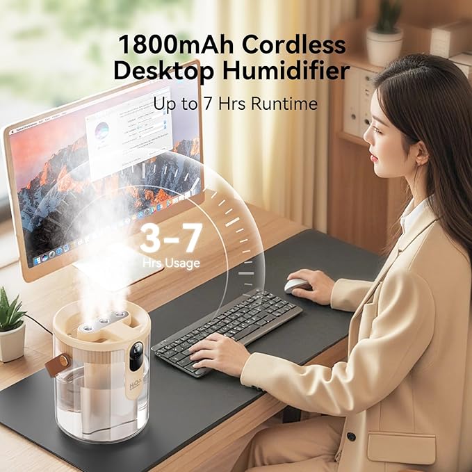 KIMMOO Rechargeable Portable Top Fill Humidifier, Smart Humidifiers for Bedroom, Night Light, 1.4L Cool Mist Humidifier for Office Home Plant Baby, 3-Speed Mist Control, Quiet, Auto Shut-Off (Beige)