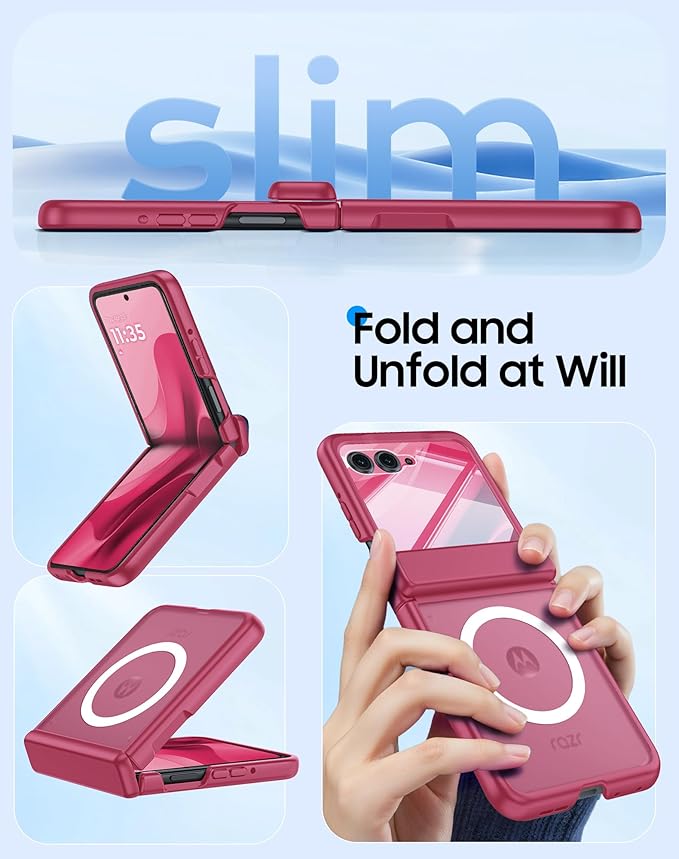 Magnetic for Motorola Razr 2025 Case/Razr 2024 Case,Hinge Protection, Screen Protector, Compatible with MagSafe, Translucent Frosted, Shockproof Slim Cover for Razr 2025/2024-Rose Red