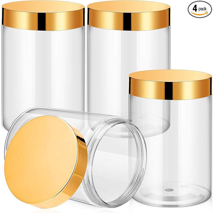 Patelai 4 Pieces Round Wide-mouth Leak Proof Plastic Container Jars with Lids for Travel Storage Makeup Beauty Products Face Creams Oils Salves Ointments DIY Making(10 Ounce,Gold)