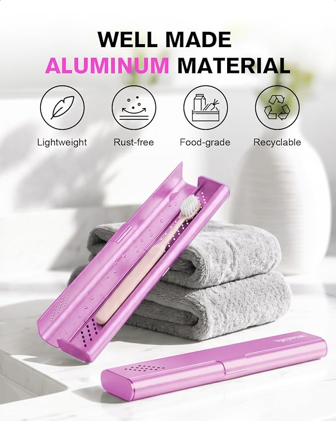 Toothbrush Case Cover for Traveling, Aluminum Toothbrush Holder for Manual Toothbrush + Mini Toothpaste, Portable Tooth Brush Storage Box for Camping Business Trip-Pink (1 Pack)