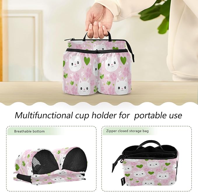 Luggage Cup Holder for Suitcases Free Hands Suitcase Cup Holder Travel Luggage Drink Holder Portable Luggage Cup Caddy Bag Carrier with Handle Pink Cute Sakura Cat Faces Hearts