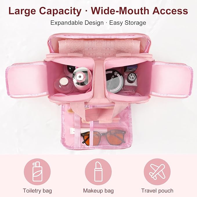 Travel Makeup Bag, Portable Travel Bag with Hanging Hook for Women, Waterproof and Hanging Toiletry Bags Travel Organizer Accessories for Travel Essentials,Dark Pink