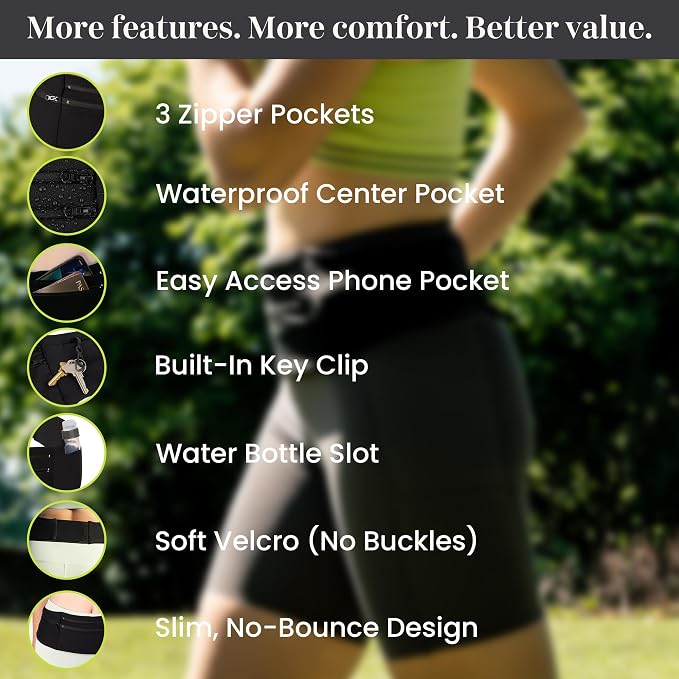 StashBandz Running Belt with Water Bottle Pocket – Adjustable No-Bounce Waist Pack, 3 Zippered Pockets & Key Clip, Sports Fanny Pack & Travel Money Belt, Fits Any Size Phone, Passport & More