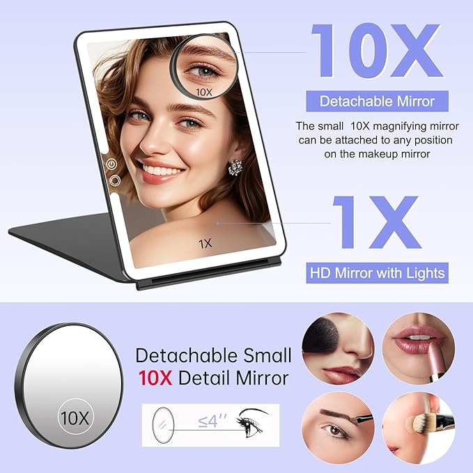 FUNTOUCH 10x7.5 Portable Large Travel Makeup Mirror with Light, 2500mAh Rechargeable Lighted Travel Makeup Mirrors with 3 Color Lights, Dimmable Folding Light Up Make up Mirror with Small 10x Mirror