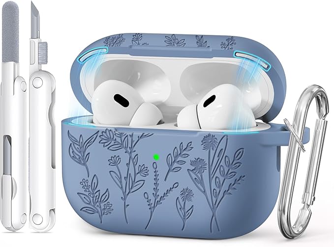 for AirPods Pro 2 Case with Magnetic Lid, Ekoonpft Flower Engraved Silicone Case for Apple AirPods Pro 2nd/1st Generation (2023/2022/2019) Cover with Cleaning Kit & Keychain