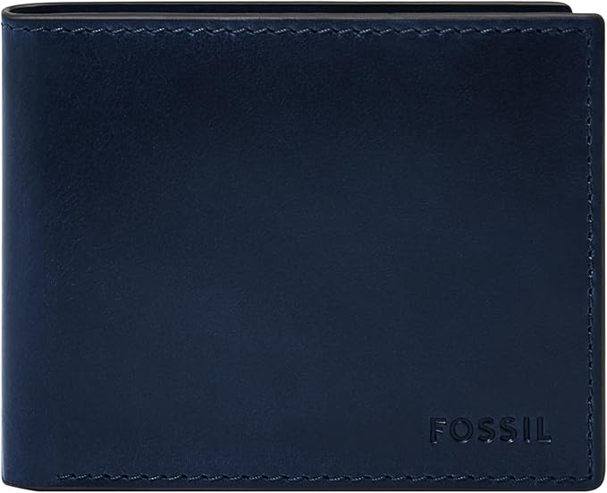 Fossil Men's Wallet, Derrick Leather RFID-Blocking Wallet, Bifold with Flip ID, Insignia Blue