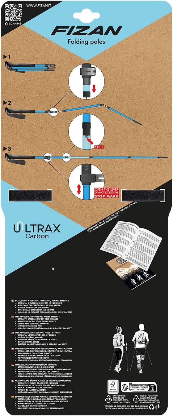 Fizan Ultrax Trekking Poles – Ultralight, Backpacking, Bikepacking, Hiking Trails, Collapsible to 14.5 in, Aluminum or Carbon Fiber