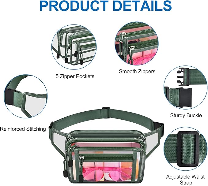 Clear Bag Stadium Approved Clear Fanny Pack for Women for Work,Multi-purpose Waist Bag for Travel & Sporting Event
