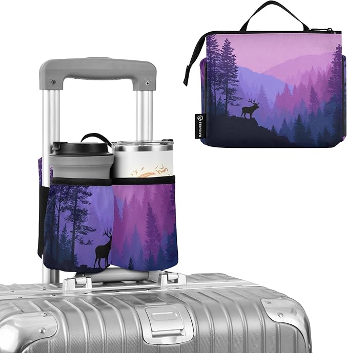 Luggage Cup Holder for Suitcases Free Hands Suitcase Cup Holder Travel Luggage Drink Holder Portable Luggage Cup Caddy Bag Carrier with Handle Purple Stag Forest Trees