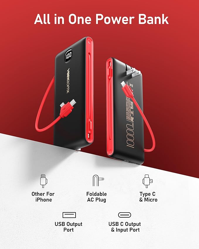 VEEKTOMX Portable Charger with Built in Cables 10000mAh, Power Bank for iPhone with AC Wall Plug, Fast Charging USB C Slim Battery Pack with LED Display Compatible with iPhone 17/16/15, Samsung