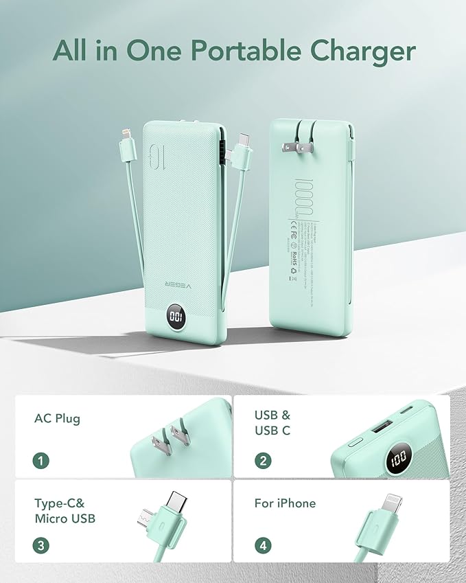 VEGER Portable Charger with Built-in AC Plug and Cables, All in One 10000mAh Ultra Slim Power Bank Emergency Fast Charging for Travel Battery Pack Compatible with iPhone, Samsung, Android, Green