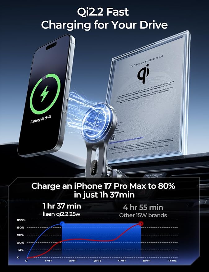 LISEN for Qi2.2 25W MagSafe Car Mount Charger, [Stable & Fast Charging] for Car Vent Magnetic Wireless Car Charger, Car Phone Holder Charger Car Accessories Fits iPhone 17 Pro Max Air 16 15 14 13 12