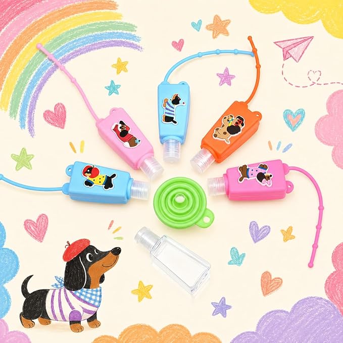 5-Pack Cartoon Kids Hand Sanitizer Holder, 30ml Travel Size Refillable Bottles with Silicone Case, Leak-Proof Portable Containers for Lotion & Liquid Soap (Cool Pup)