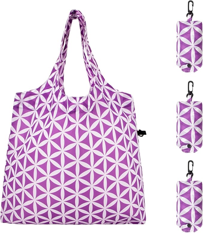 HOLYLUCK Reusable Grocery Bags,Heavy Duty Foldable Shopping Tote Bag (Standard, 3 Purple Geometric Flowers)