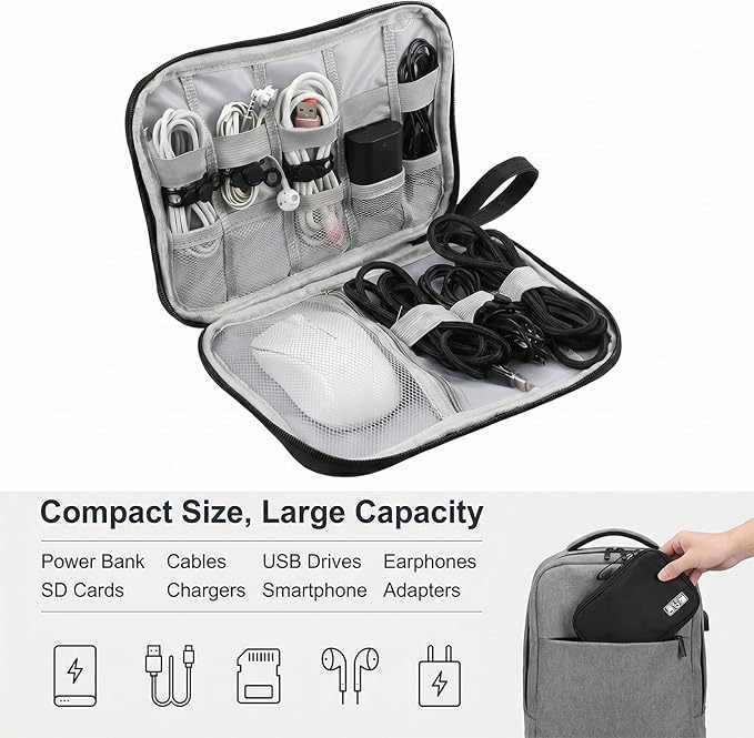 Electronics Organizer Travel Case with 6 Cable Ties, Travel Cord Organizer, Portable Waterproof Cable Organizers Storage Bag Charger Cord Organizers for Charger Phone Earphone Electronic