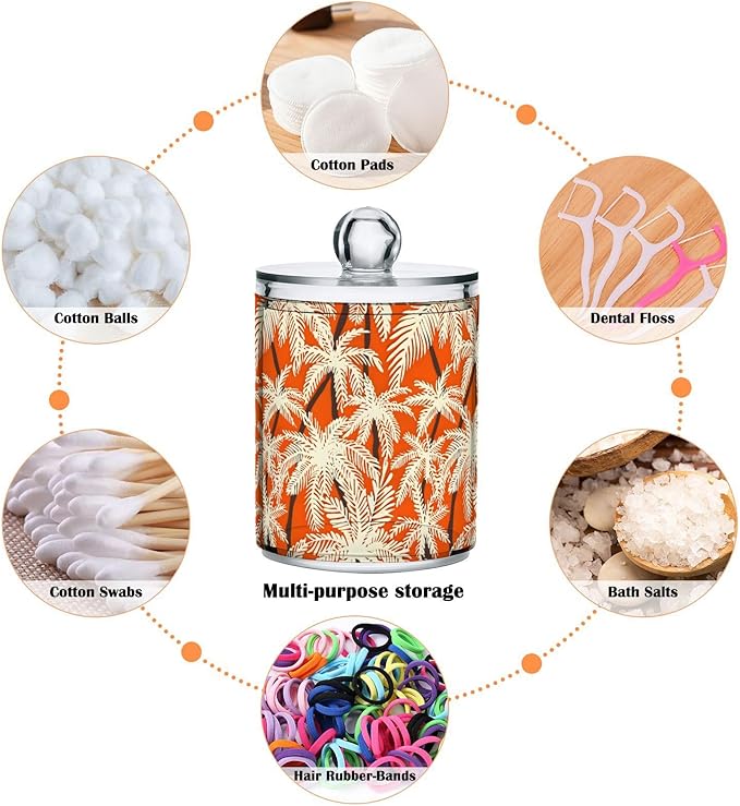 2 Pack Qtip Holder Organizer Dispenser Palm Trees Orange Color Bathroom Storage Canister Cotton Ball Holder Container for Cotton Pads/Swabs/Floss