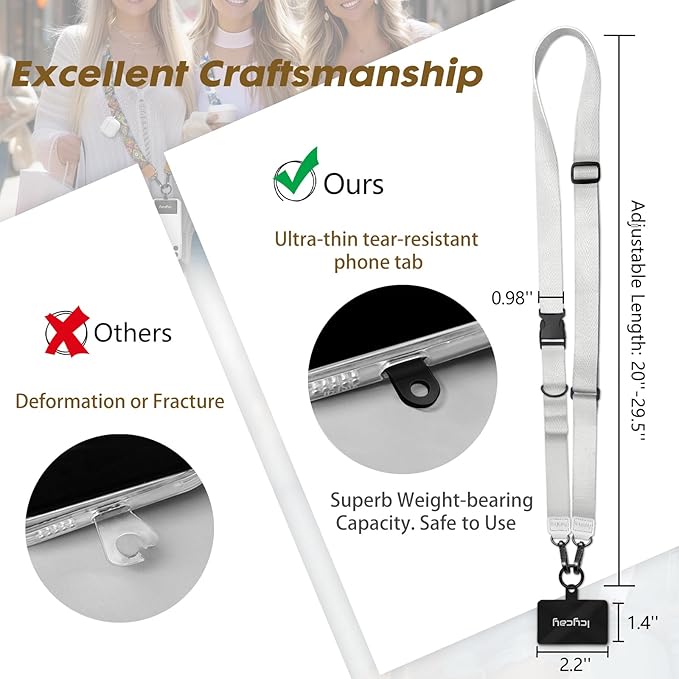 Icycay Phone Lanyard Crossbody, White Cell Phone Strap for Around The Neck Adjustable, Minimalist Teacher Anti Theft Cute Lanyard for ID Holder Keys Accessories Travel Essential