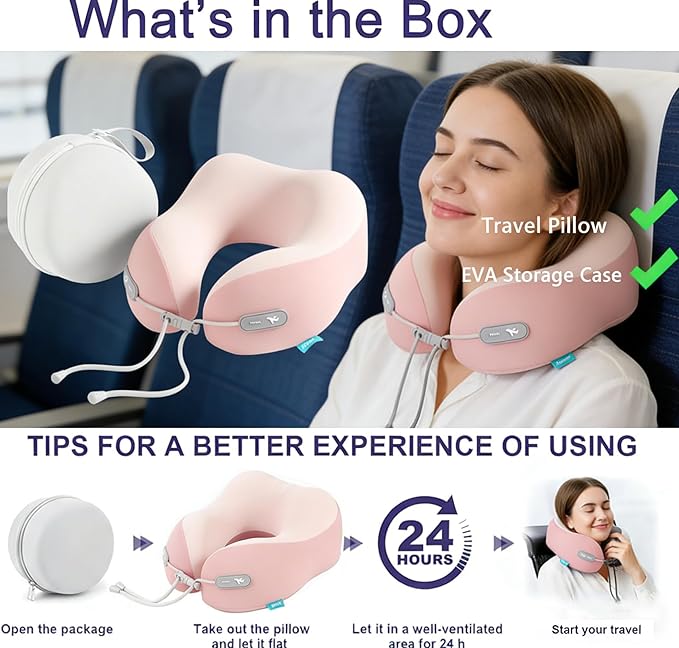 Travel Pillow with Cool Material,Neck Pillow for Traveling 100% Pure Memory Foam,Travel Neck Pillow with Hard Case, Airplane Pillow for Traveling,Travel Essentials (Pink)