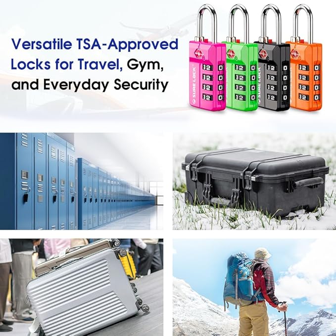 SURE LOCK TSA-Approved 4-Digit Resettable Combination Lock with Open Alert, Easy-Read Dials - for Luggage, School Lockers, Gym, Office, Toolbox & Security Cases (Yellow 2 Pack)