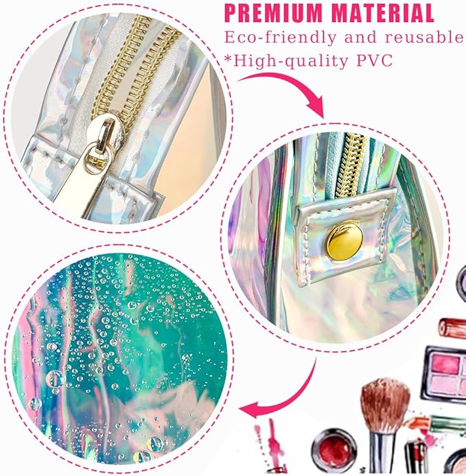 Green Transparent Laser Cosmetic Bag Iridescent Holographic Waterproof PVC Makeup Organizer Bag for Women (Pink+White)