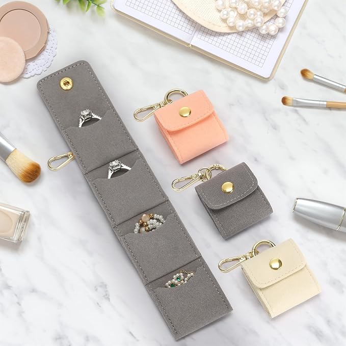 KUKUVR Mini Jewelry Holder Pouch with Keychain, Portable Travel Jewelry Organizer Box for Rings Earrings Necklace Stud, Small Velvet Jewelry Storage Bag for Gym Women (Grey)