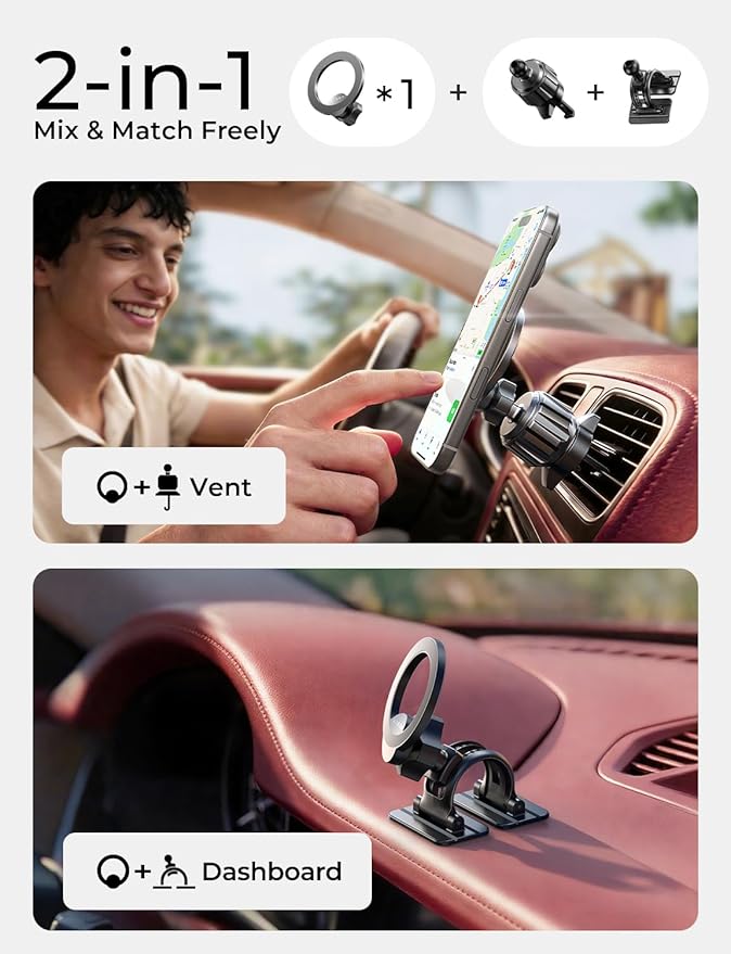 LISEN for MagSafe Car Mount,Car Accessories for Women Men [2025 Ultra] Magnetic Phone Holder for Car 360 Dashboard Vent Phone Mount for Car Organization iPhone 16 15 14 13 12 Pro Plus Mini, Black