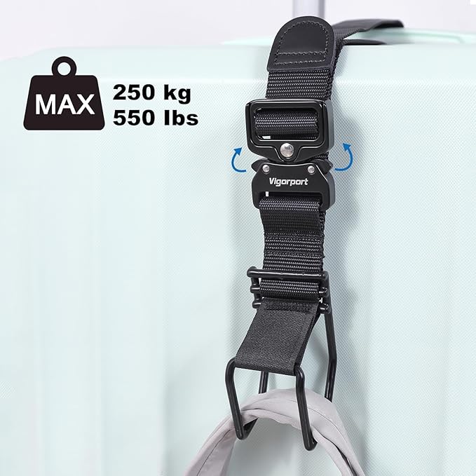 Vigorport Luggage Hook Strap, J Hook for Add a Bag Luggage, Multi Adjustment Bag Strap Hook with Hands Free(Medium Size/Metal Buckle)