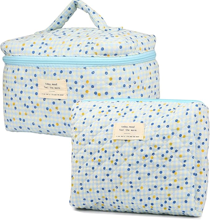 VIWIME Makeup Cosmetic Bag, Large Cotton Quilted Travel Coquette Aesthetic Cute Floral Make up Bag for Women Toiletry Bag Organizer (105- Blue Point / 2Pcs)